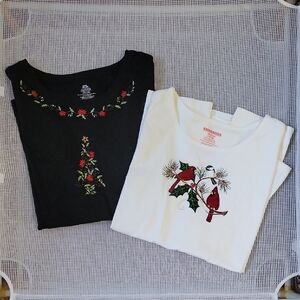 Holiday Embroidered Tee Pair - Black & White Floral/Cardinal Motifs